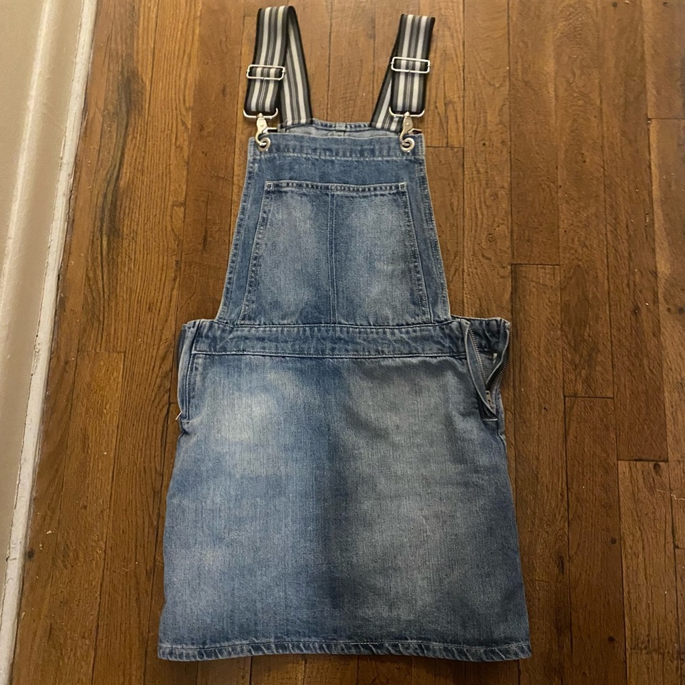 Claudie Pierlot sz 36 EUC denim over all dress with racing stripes straps